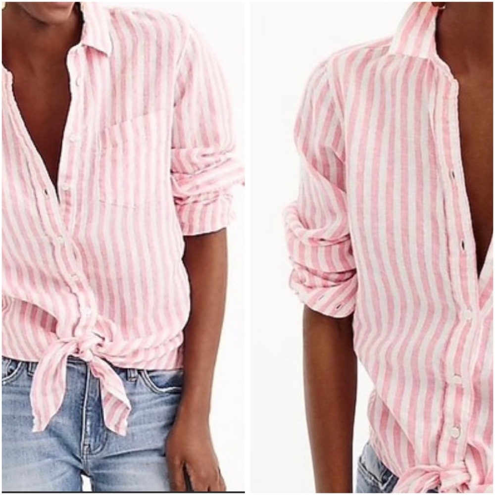J.Crew Pink & White Stripe Toed Waist Linen Top